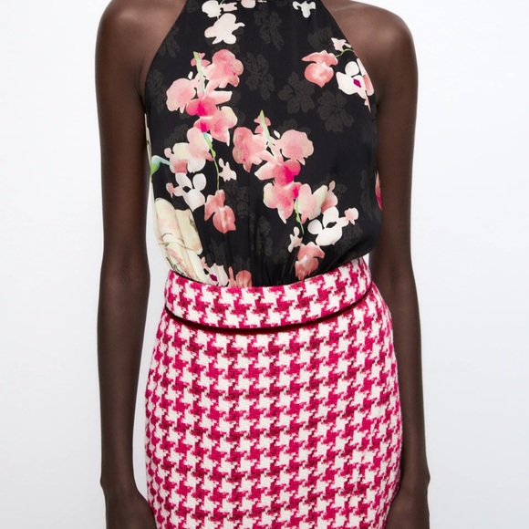 Zara TWEED TEXTURED WEAVE HOUNDSTOOTH
High-waist Midi Skirt Front Slit Pink NEW - Picture 11 of 16
